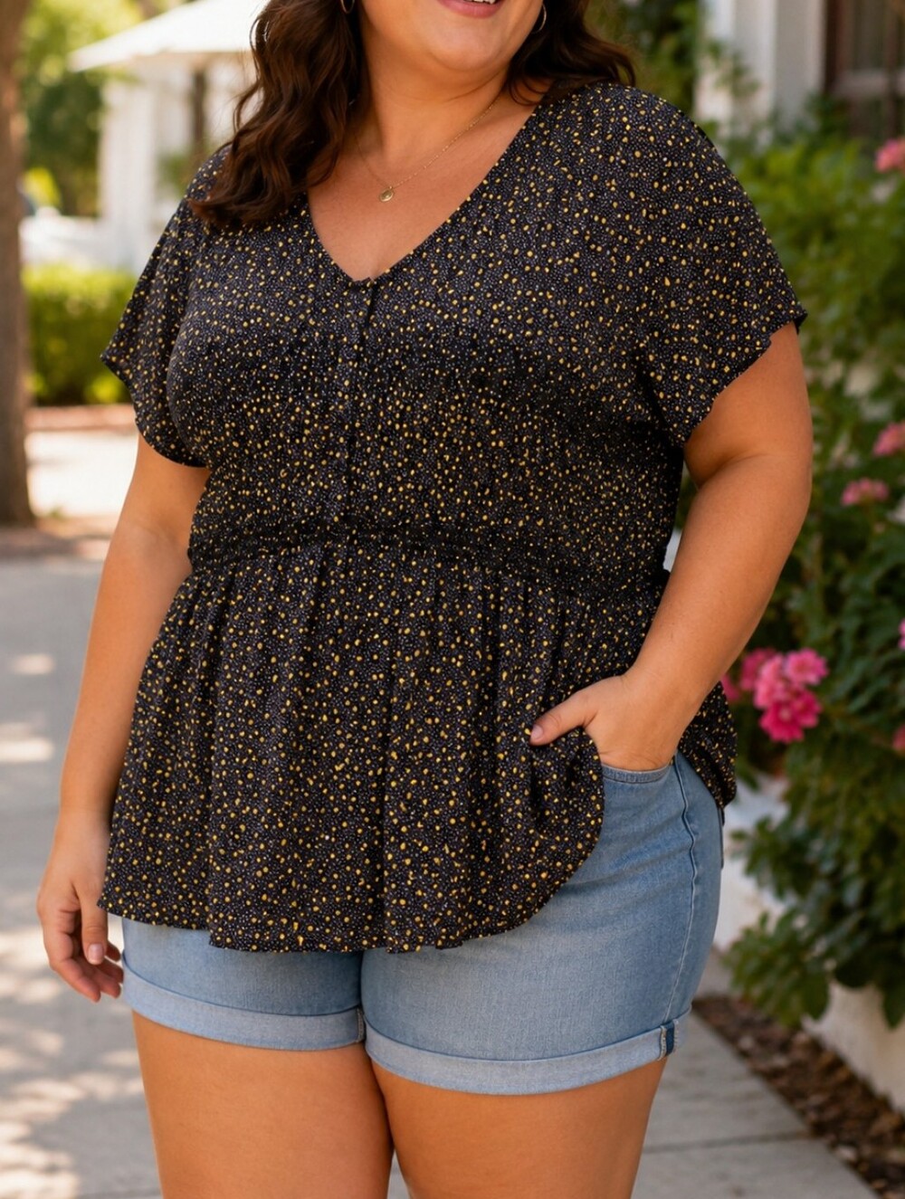 In Every Story Plus Size Black Yellow Floral Ditsy Print V-Neck Ruched Stretch
